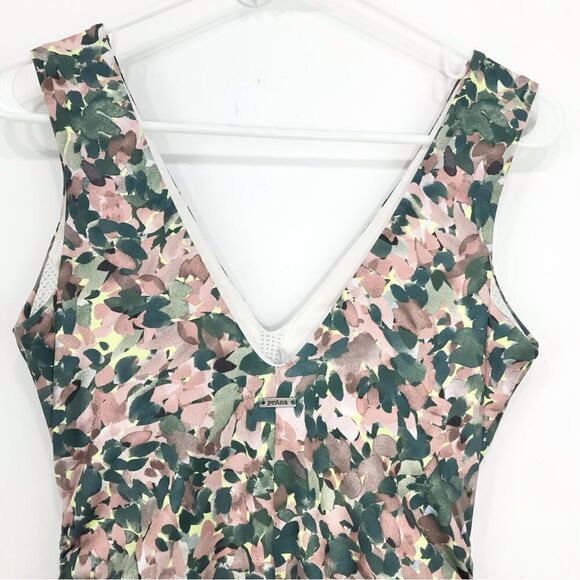 Prana Pearl Isla Green Pink Fitted Stretch Athleisure Dress in White Garden - Picture 10 of 13